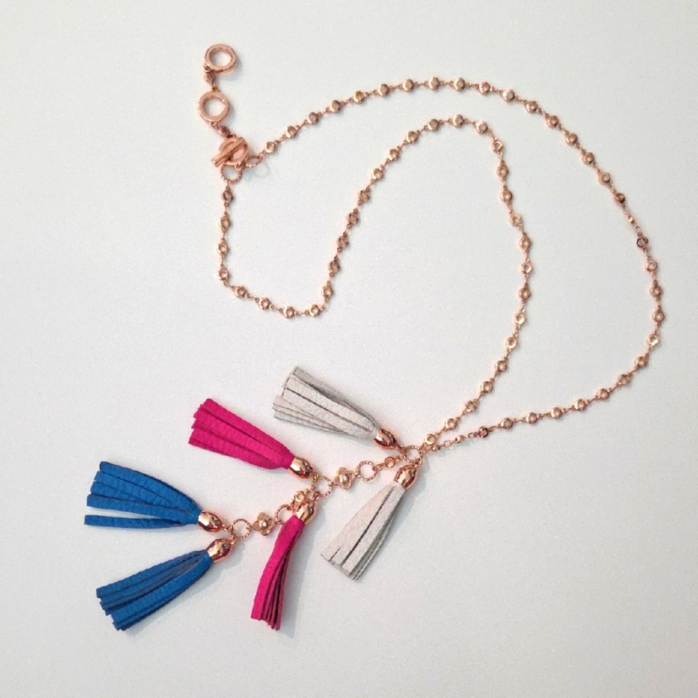 Henri Bendel Pink White And Blue Leather Tassel Necklace with Rose Gold Chain